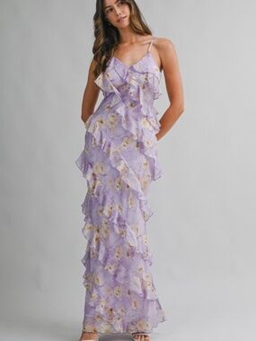 Floral Print Asymmetrical Tiered Ruffled Maxi Dress